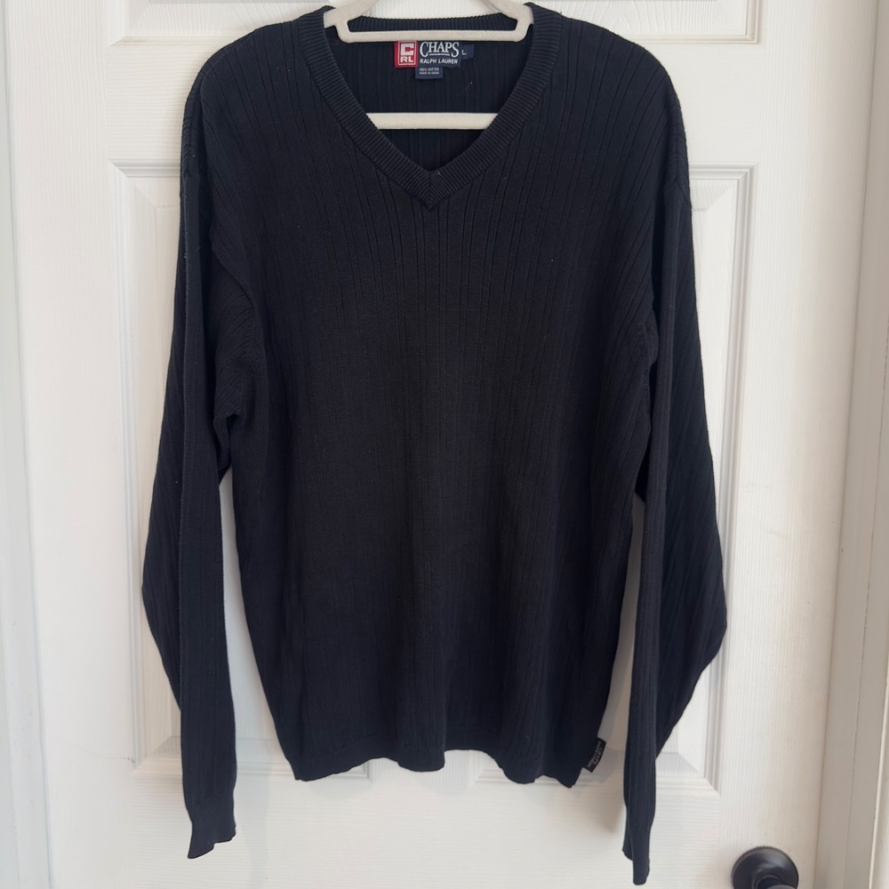 Chaps Ralph Lauren Mens Black Ribbed V-Neck Cotton Knit Sweater Large